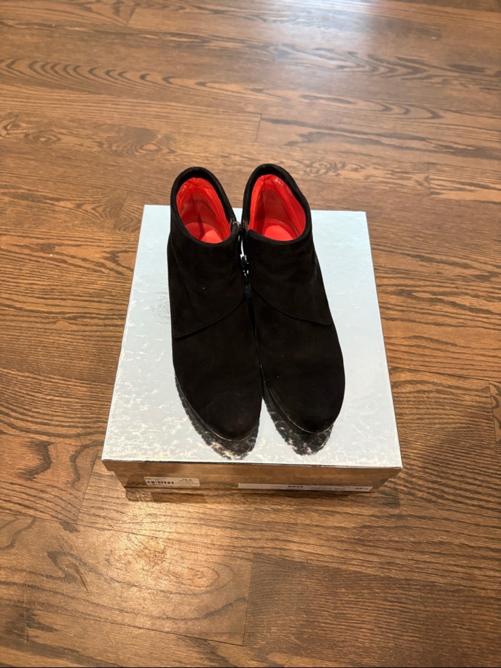 Pas de Rouge Black Suede Ankle Booties with Red Lining